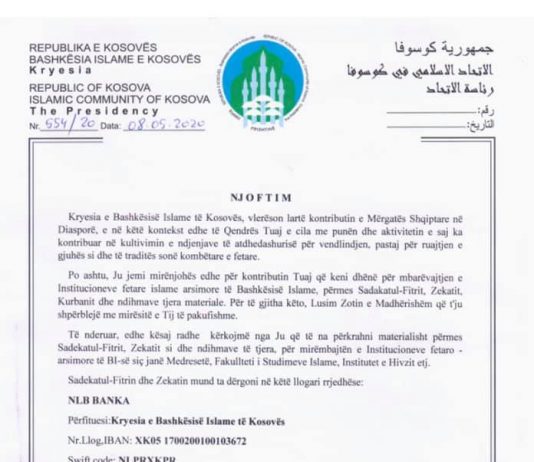 Bashkësia Islame e Kosovës kërkon nga diaspora që Sadekatul-Fitrin dhe Zekatin të jepen për mbarëvajtjen e Institucioneve fetaro – arsimore